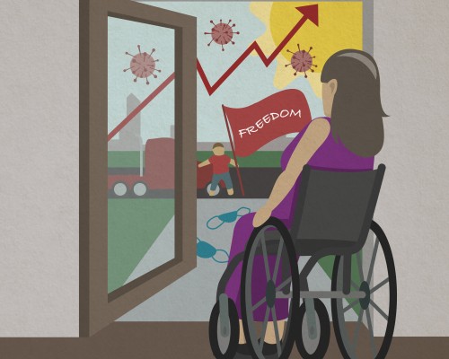 Pandemic Outside World A woman using a wheelchair looks out the door to an uncertain world. Masks are on the ground. The virus still exists and Freedom Convoy protesters are there.