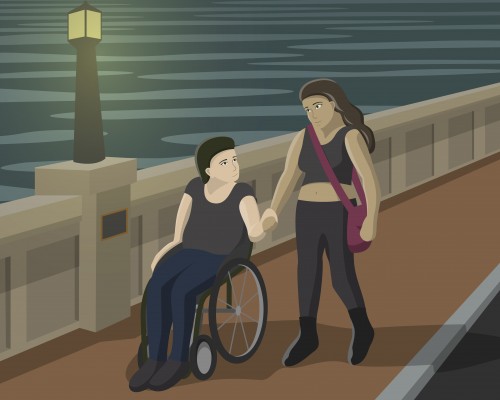 A partner in their wheelchair and their girlfriend out for a walk by the bay, crossing a bridge. It is nighttime and they are reflecting in the light.  By Alexandria Shannon, Oct. 2021.