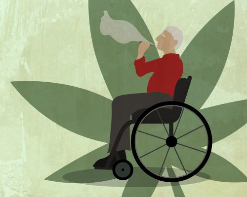A man in a wheelchair smokes pot. A man in a wheelchair smokes pot.
