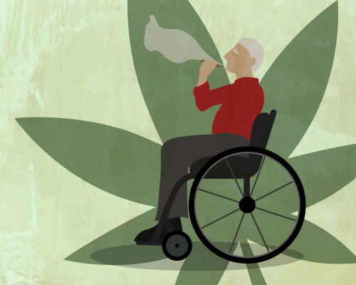 A man in a wheelchair smokes pot.