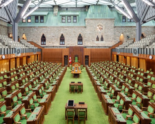 The empty, inside chamber of the House of Commons Canada