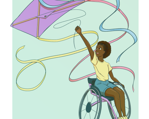 A child in a wheelchair flies a kite.
