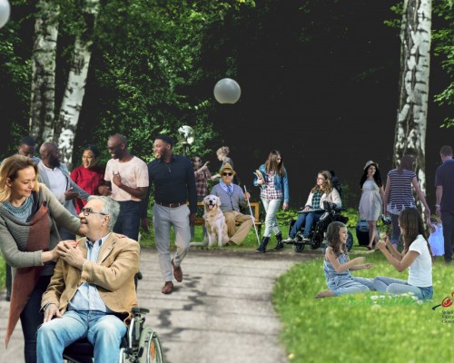 People with and without disabilities in a park setting